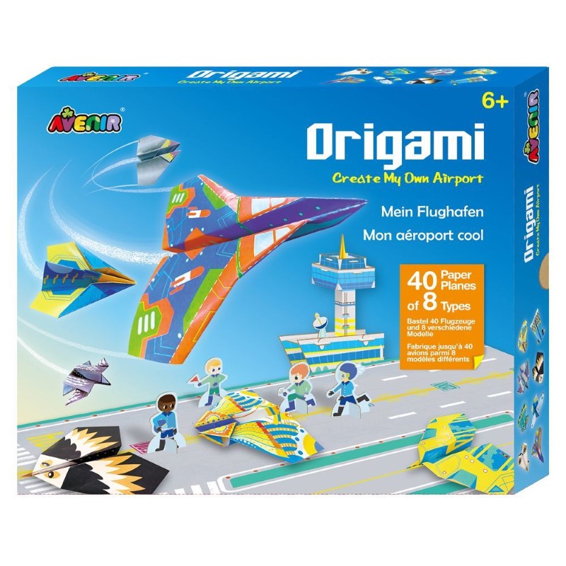 Colorful origami paper plane kit for kids with folding sheets, airport poster, and customizable cards for creative play.