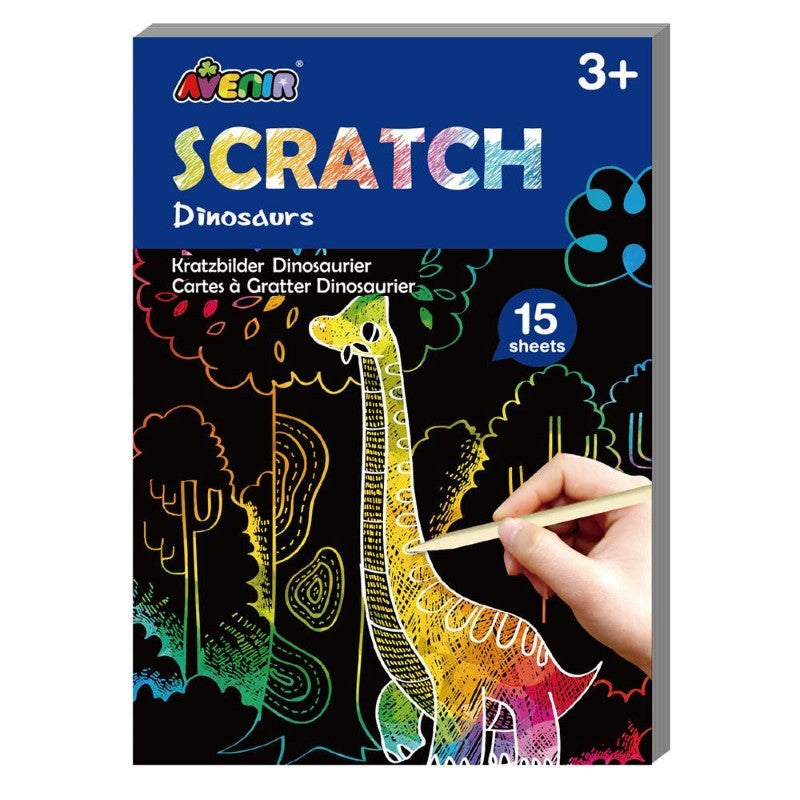 Scratch Book Dinosaurs with 15 scratch pages and tool, perfect for inspiring creativity in young dino enthusiasts.
