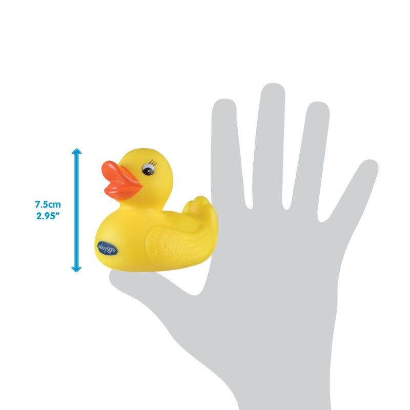 Bright yellow rubber duck bath toy for babies, promoting motor skills and safe, mold-free fun during bath time.