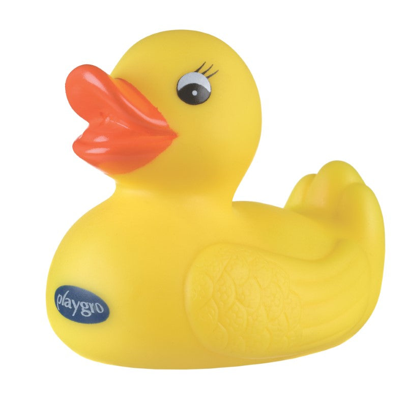 Bright yellow rubber duck designed for babies, promoting motor skills and safe, fun bath time play without mold risks.
