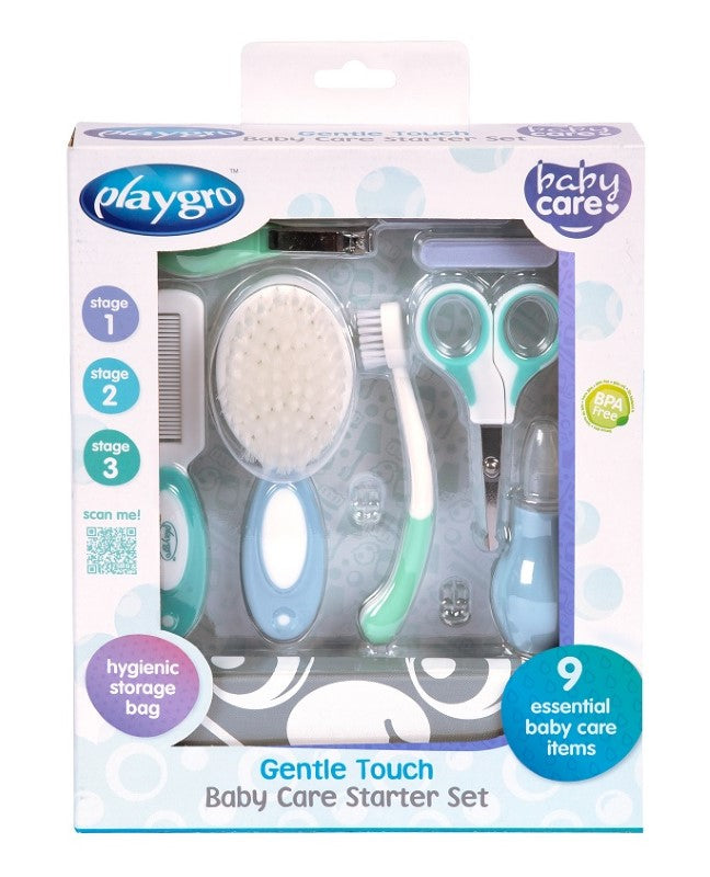 Playgro Gentle Touch Baby Care Starter Pack with grooming tools for safe and easy care of infants' nails, hair, and gums.