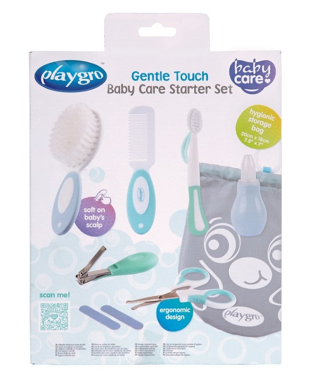 Gentle Touch Baby Care Starter Pack with grooming tools for infants, includes nail clippers, hair brush, and oral care essentials.