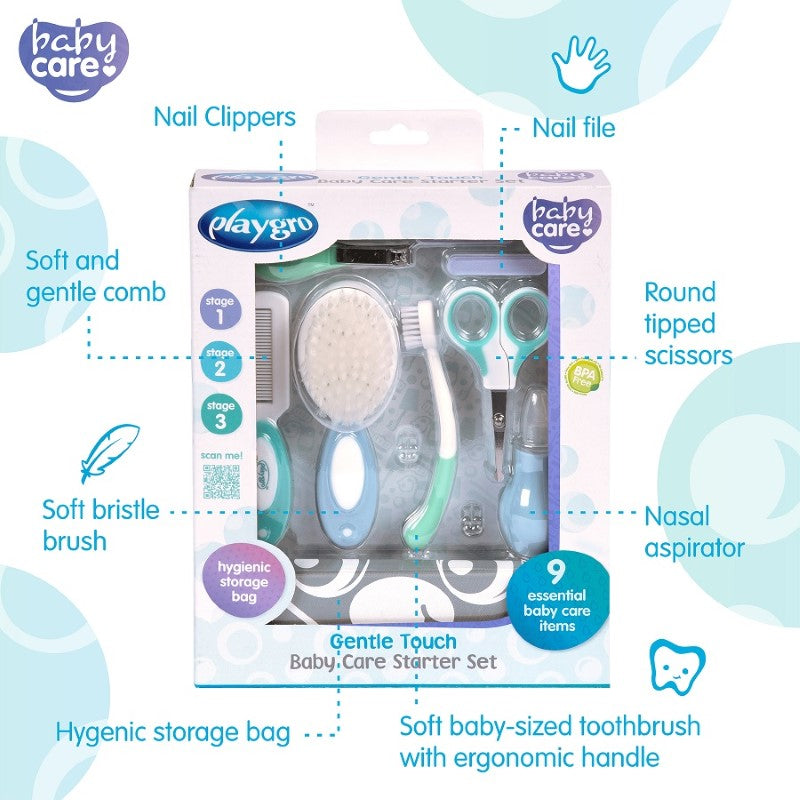Gentle Touch Baby Care Starter Pack featuring safe nail clippers, soft hair brush, and ergonomic oral care tools for infants.