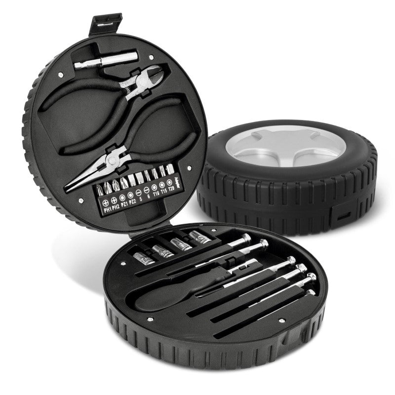 24-piece tool kit in a unique wheel-shaped case, perfect for DIY and professional tasks with reliable, portable tools.