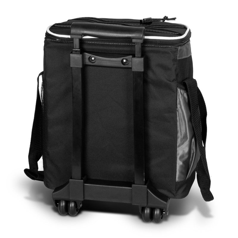 Large trolley cooler bag with wheels, 24L capacity, thick insulation, zippered closures, and side pockets for outdoor activities.