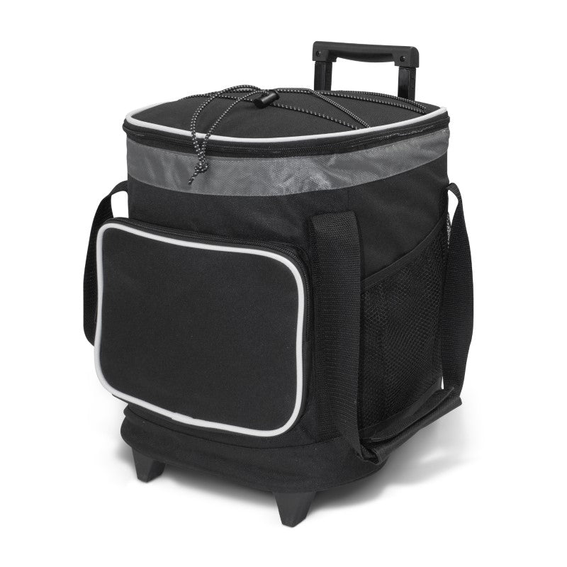 Large trolley cooler bag on wheels with thick insulation, zippered pockets, and durable polyester exterior for outdoor use.