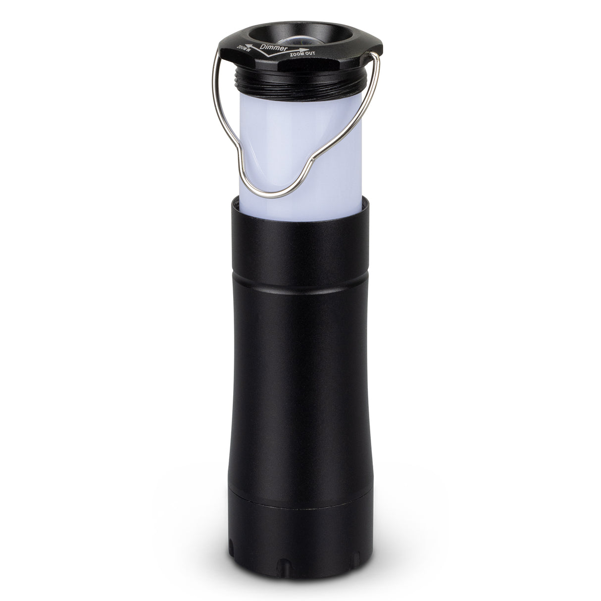 Dual-function flashlight lantern with metal handle, batteries included, and elegant design for camping and emergencies.