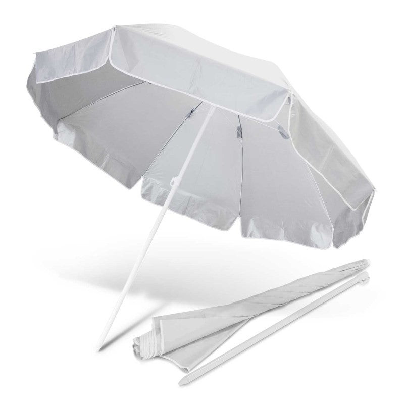 Large beach umbrella with UPF 50+ protection, durable canopy, sturdy frame, and compact carry case for easy portability.