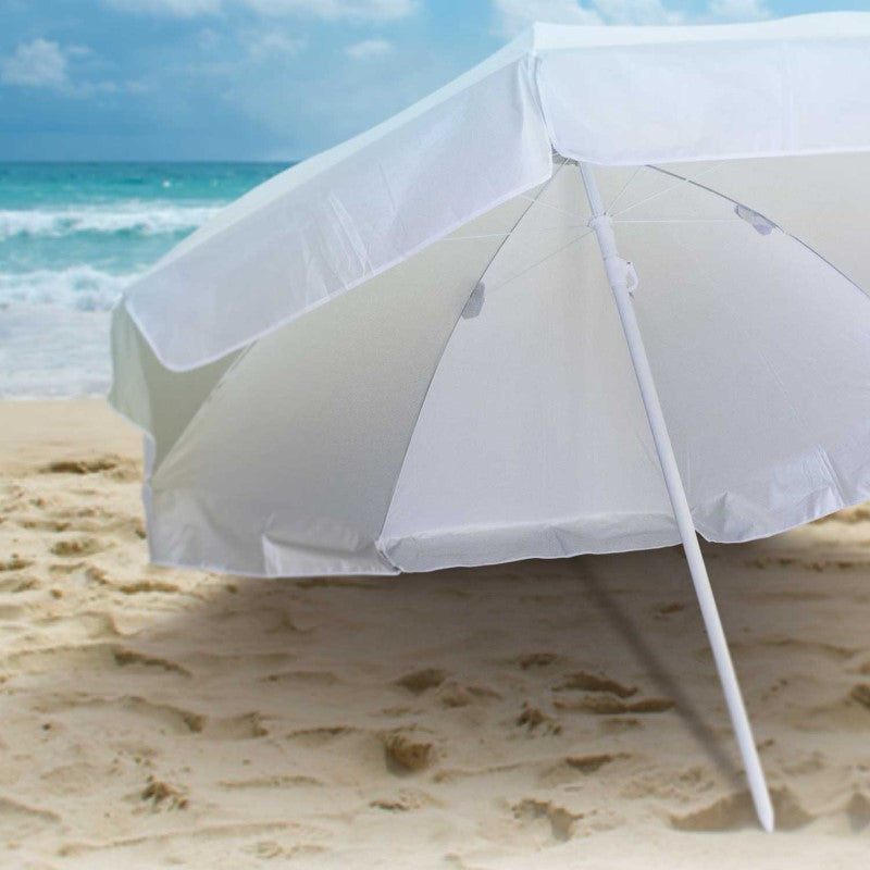 Large beach umbrella with UPF 50+ protection, sturdy steel frame, and compact carry case for easy transport.