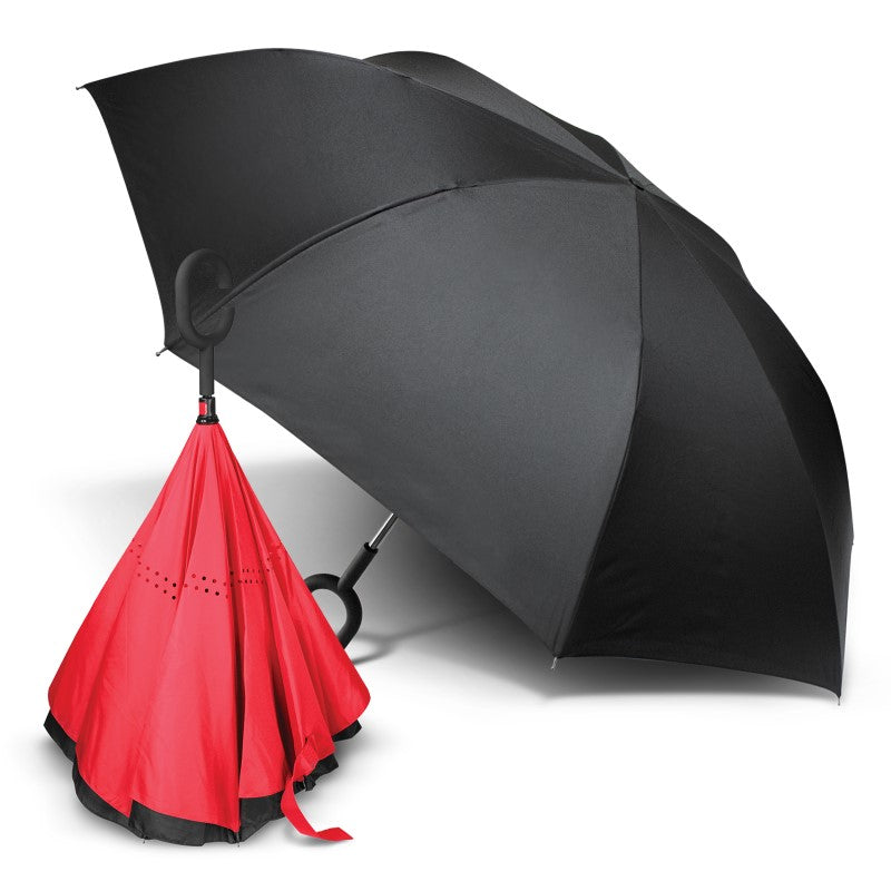 Inverted Weather Guard Umbrella features an inside-out design, C-shaped handle, and durable pongee canopy for exceptional coverage.