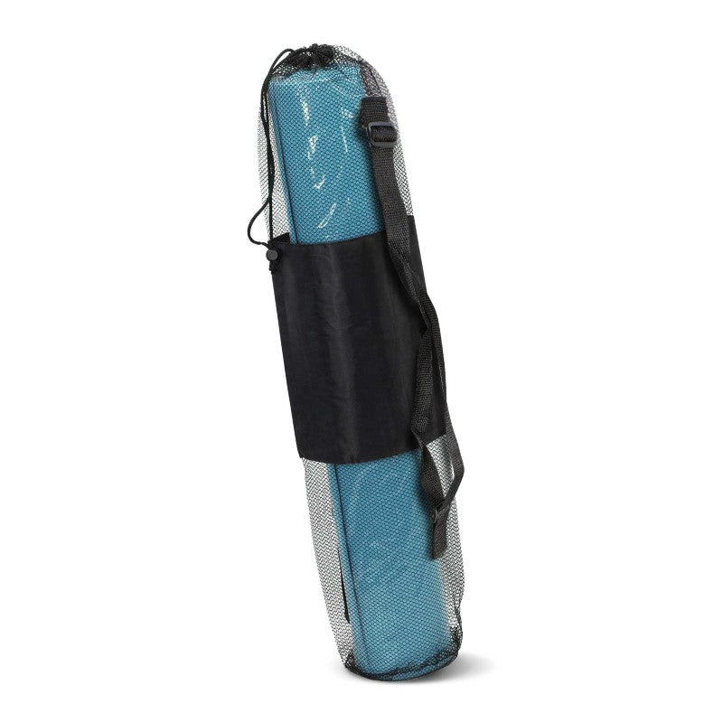 Yoga mat featuring a plush texture, lightweight design, and mesh carry case for easy transport to any session.