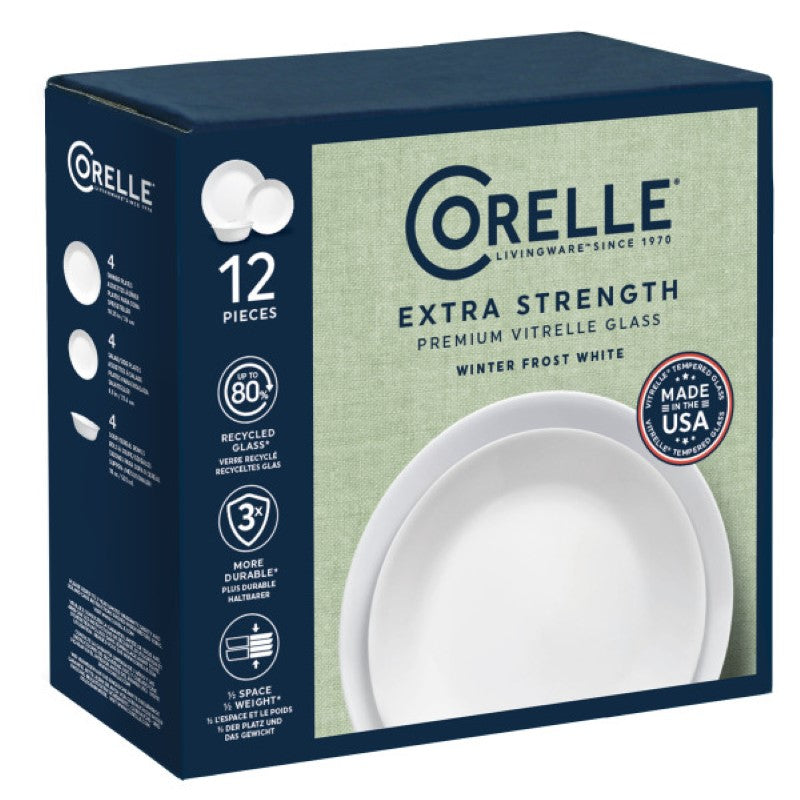Corelle 12 Piece Dinner Set featuring durable white plates and bowls, ideal for versatile dining and stylish gatherings.