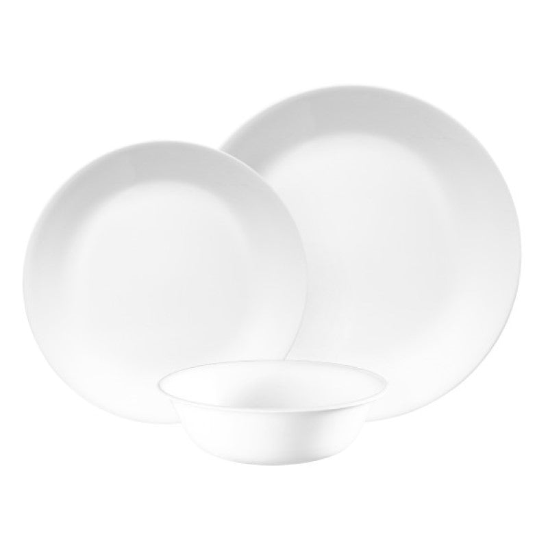 Corelle 12 Piece Dinner Set featuring classic white plates and bowls, ideal for versatile dining and stylish gatherings.