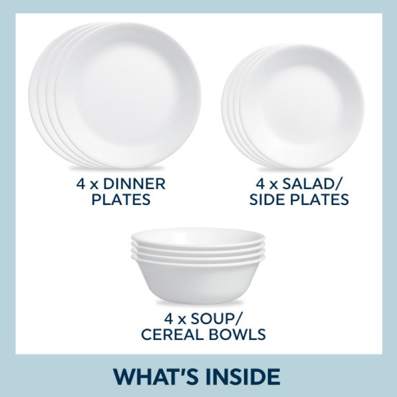 Corelle 12-piece white dinner set, featuring dinner plates, lunch plates, and bowls, designed for durability and easy storage.