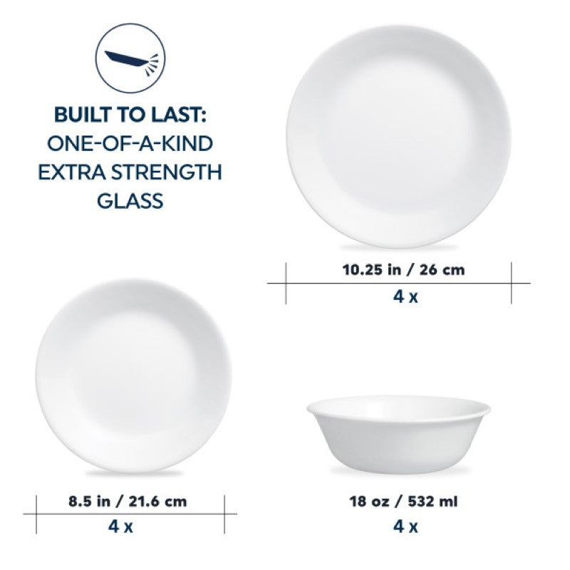 Corelle 12 Piece Dinner Set featuring durable, stackable white dinnerware for versatile everyday and special occasion dining.