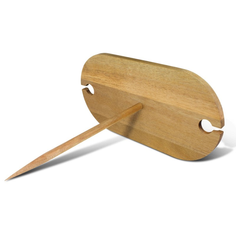 Sleek Picnic Wine Table made of acacia wood, featuring slots for two glasses and a sturdy spike for outdoor setups.