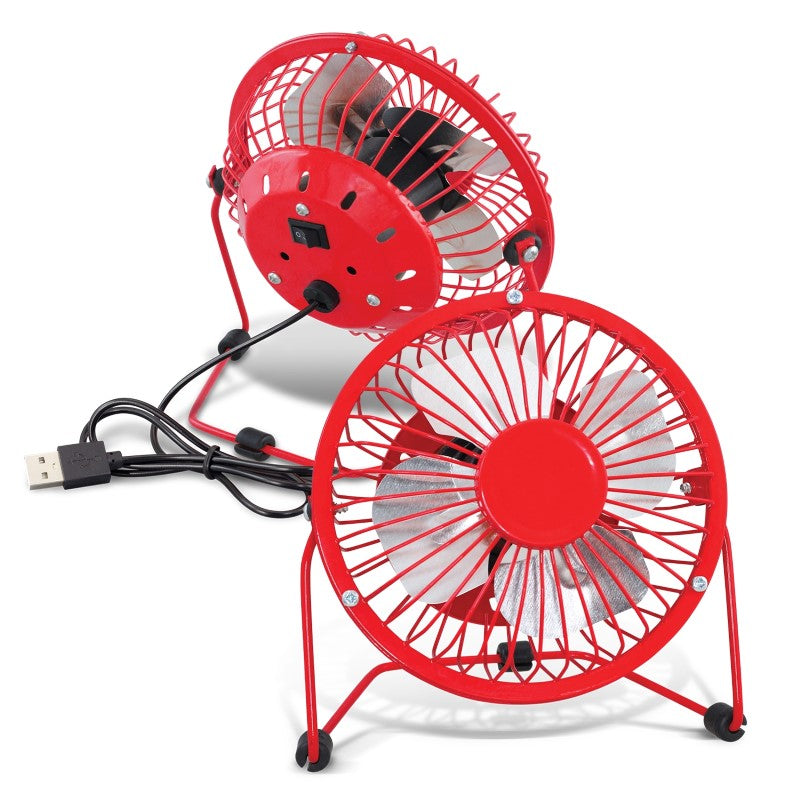 Sleek aluminum USB desk fan with adjustable airflow, perfect for workspaces; includes power adapter and gift box packaging.