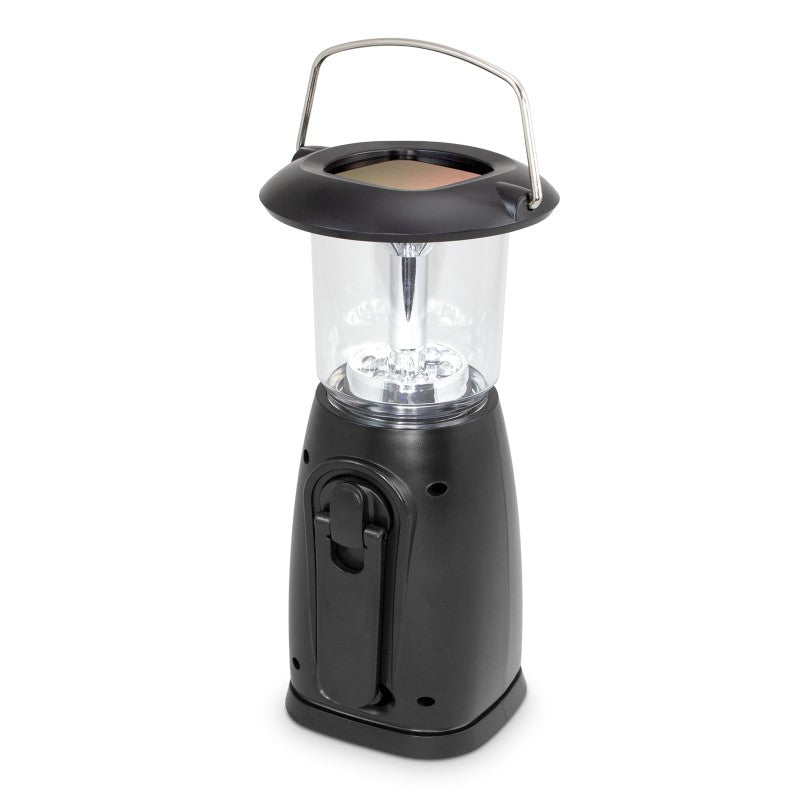 Rechargeable LED lantern with six LEDs, dual charging options, adjustable brightness, and a portable stainless steel handle.