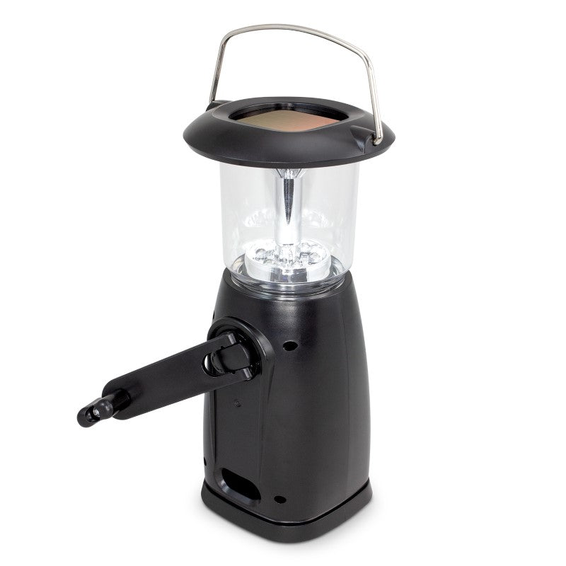 Rechargeable LED lantern with six bright LEDs, solar panel, dynamo, and adjustable brightness, perfect for outdoor activities.