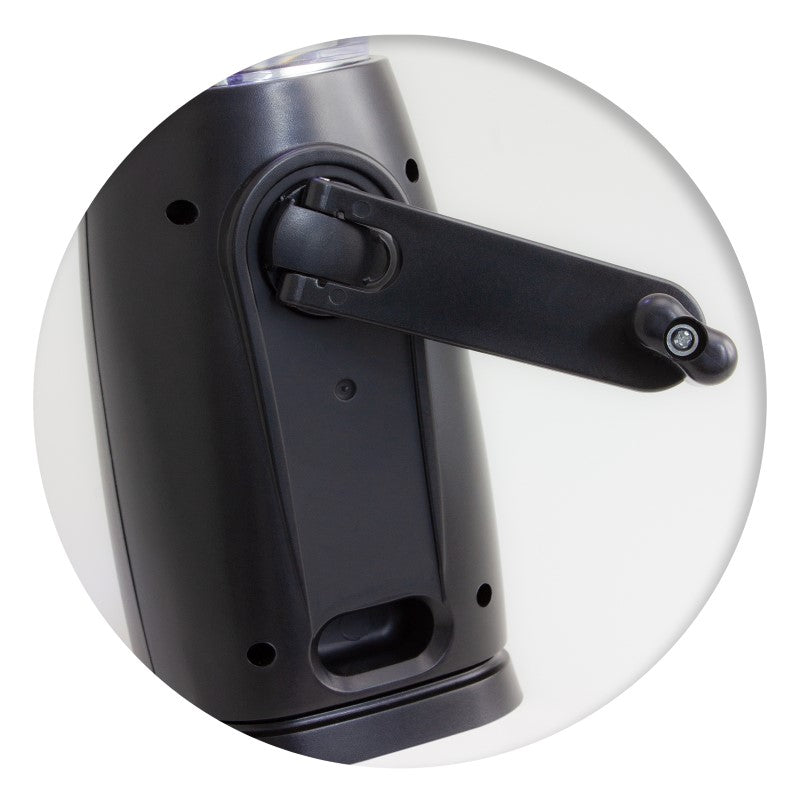 Rechargeable LED lantern with six LEDs, solar panel, hand crank, and adjustable light settings for camping and emergencies.