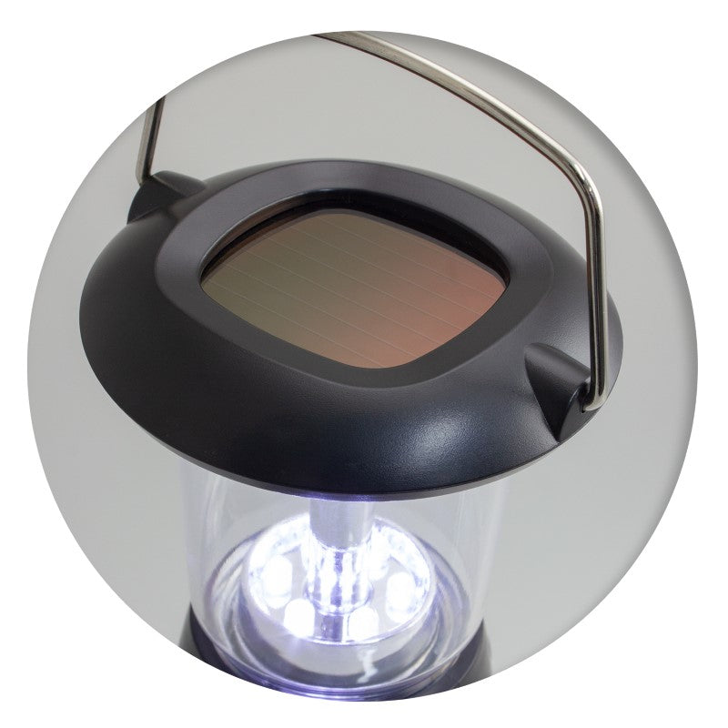 Rechargeable LED lantern with six LEDs, solar panel, hand crank, adjustable brightness, and stainless steel handle for portability.