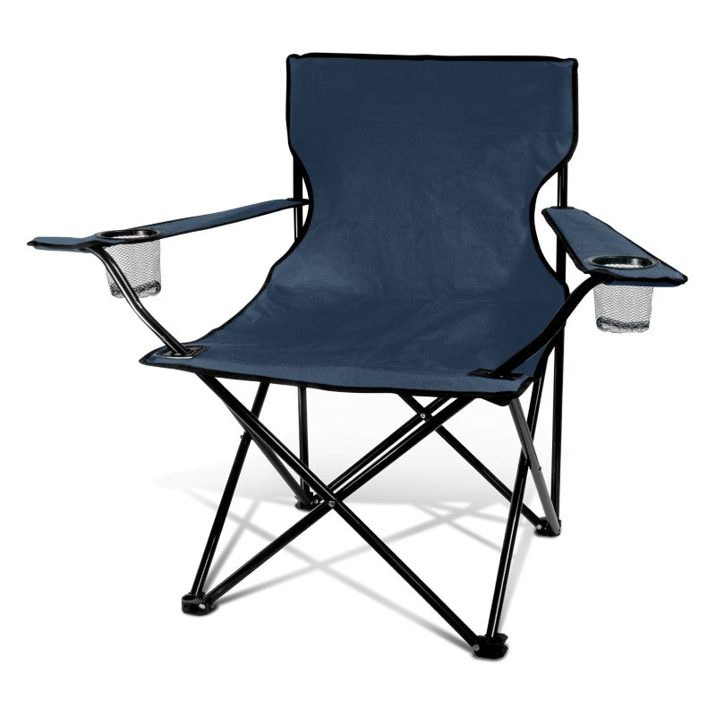 Folding chair with armrests, drink holders, and robust steel frame for camping and outdoor activities.