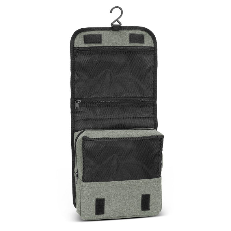 Stylish toiletry bag with carry handle and hook, featuring ample space, mesh pockets, and a trendy two-tone design.