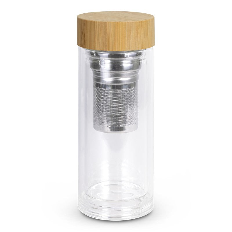 Stylish 350ml double-wall borosilicate glass tea infusion bottle with removable infuser and bamboo lid.
