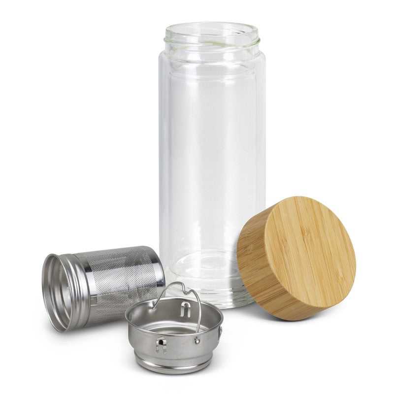 Stylish 350ml Tea Infusion Bottle in double-wall borosilicate glass with stainless steel infuser and bamboo lid.