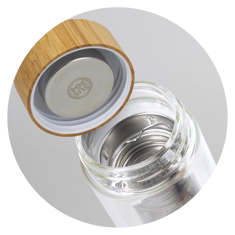 Stylish 350ml Tea Infusion Bottle in double-wall borosilicate glass with stainless steel infuser and bamboo lid.
