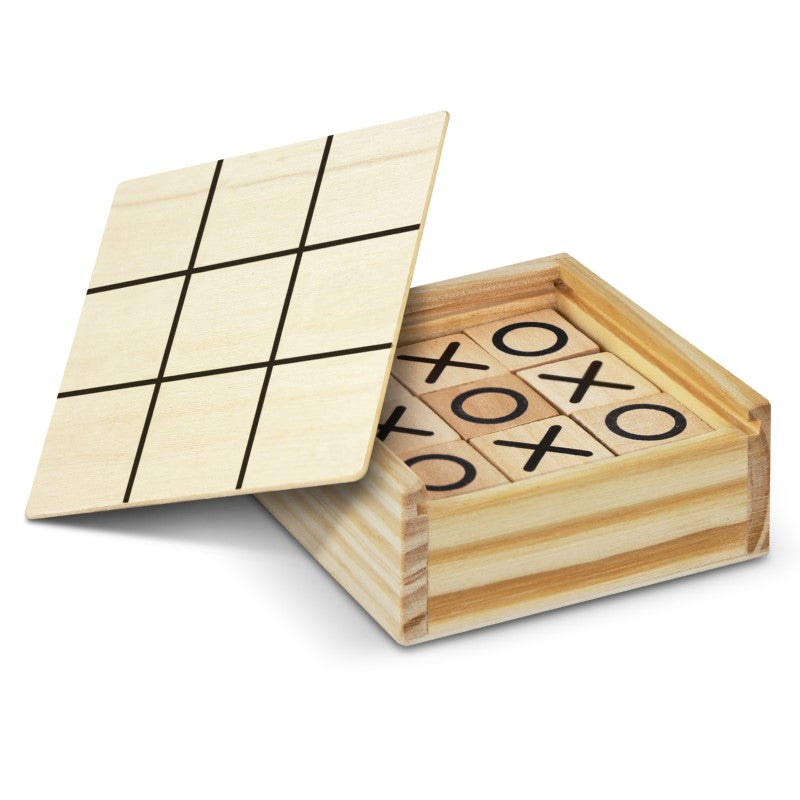 Classic Naughts & Crosses game in a pine wood box, perfect for family fun and travel, offering timeless entertainment.