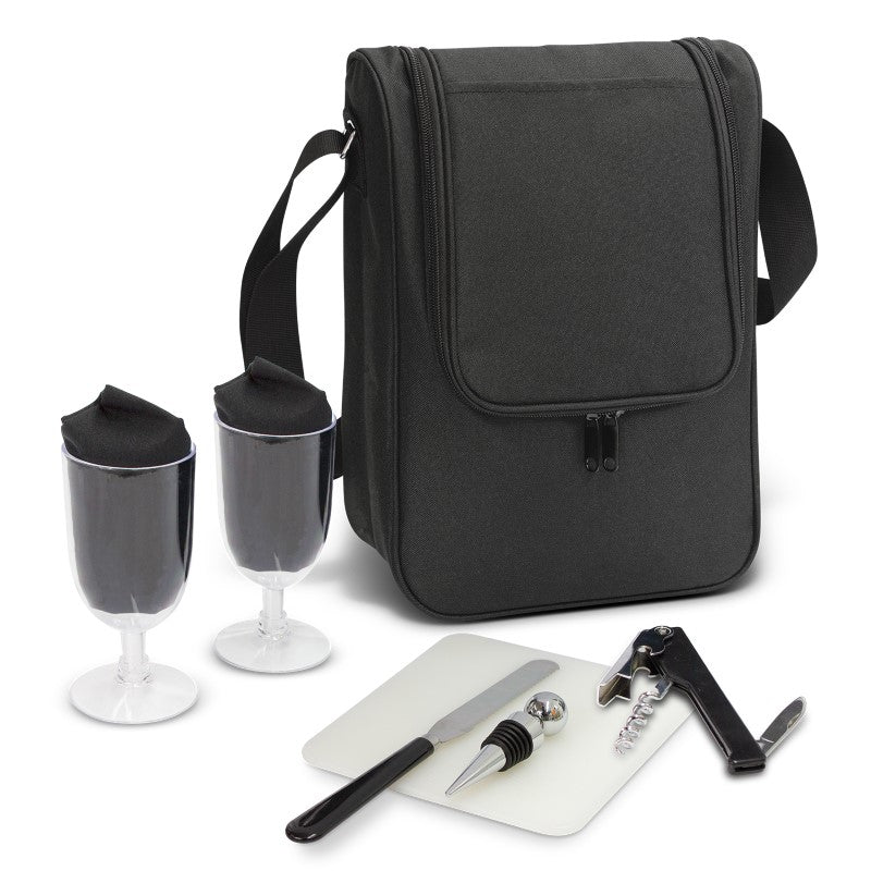 8 Piece Picnic Set & Wine Cooler Bag featuring wine glasses, cheese board, and adjustable strap for outdoor dining adventures.