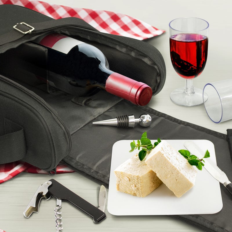 8 Piece Picnic Set & Wine Cooler Bag with wine glasses, cheese board, and stylish design for outdoor dining adventures.
