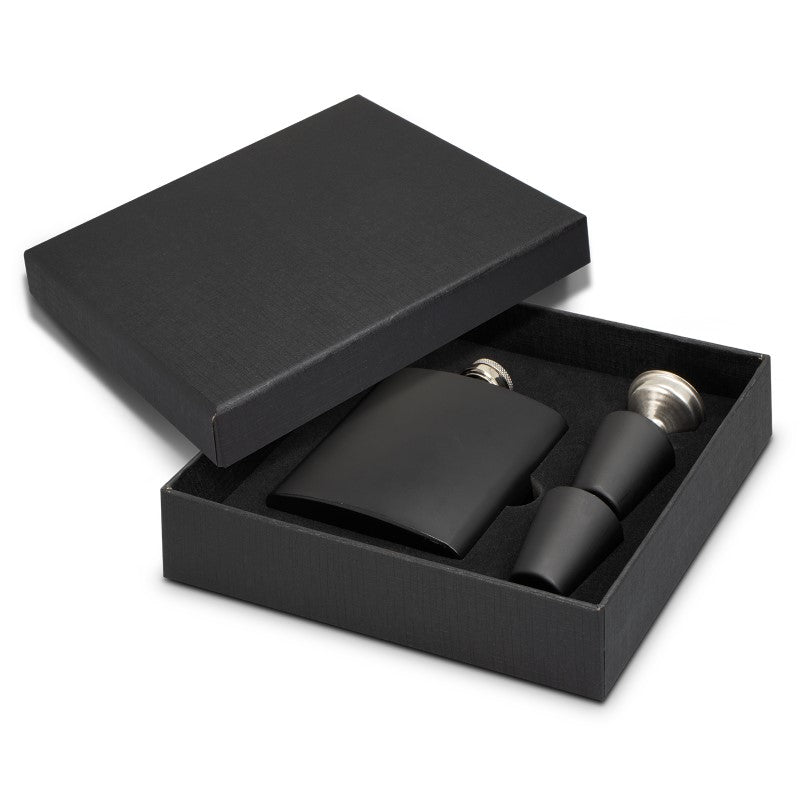 Stylish hip flask gift set with a 170ml flask, two shot glasses, and funnel in an elegant box for premium gifting.