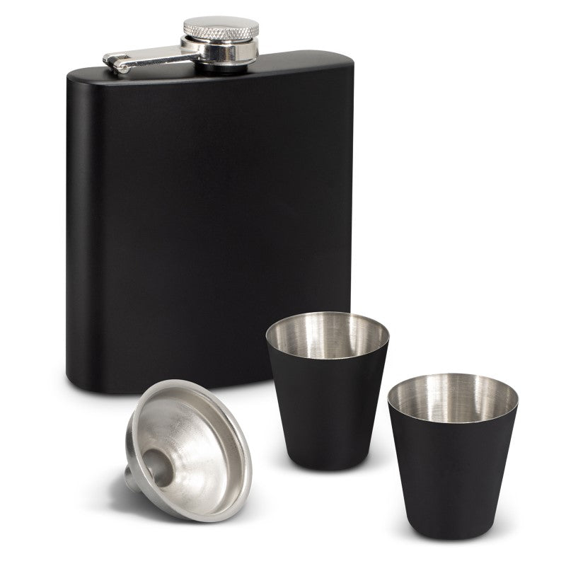Deluxe Hip Flask Gift Set featuring a 170ml flask, two shot glasses, and funnel, elegantly packaged for perfect gifting.