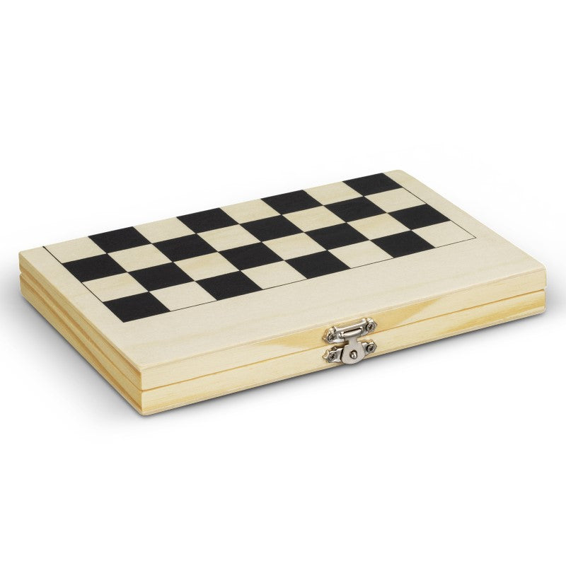 Travel-sized chess set made of premium pine wood with intricately carved pieces, perfect for gaming on the go.