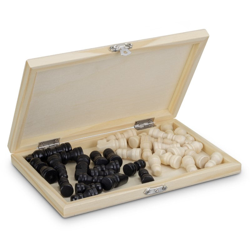 Travel size chess set made of premium pine wood, featuring carved pieces and compact storage for gaming on the go.