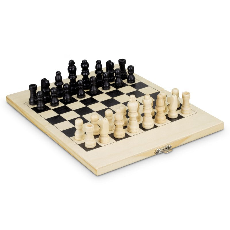 Travel size chess set made from premium pine wood, featuring intricately carved pieces for portable and elegant gameplay.
