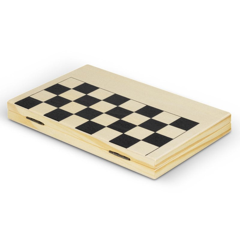 Travel size chess set made of premium pine wood, with intricately carved pieces and compact storage for easy transport.