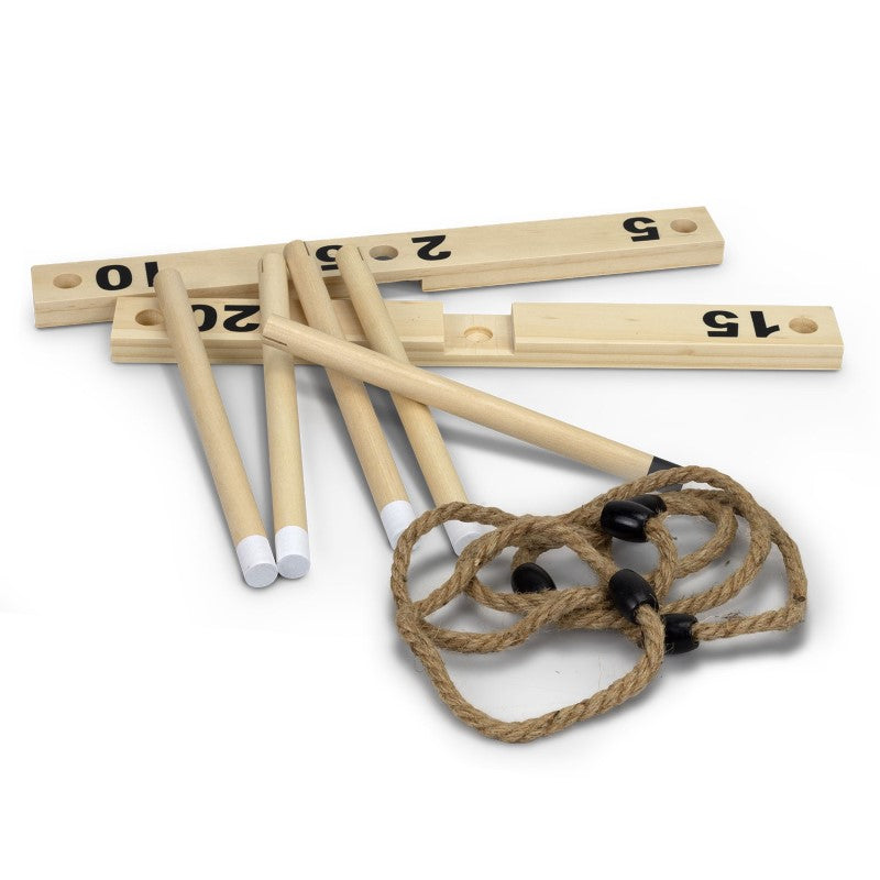 Wooden Ring Toss Game set with 6 rope rings and pegs, perfect for fun gatherings and enhancing hand-eye coordination.