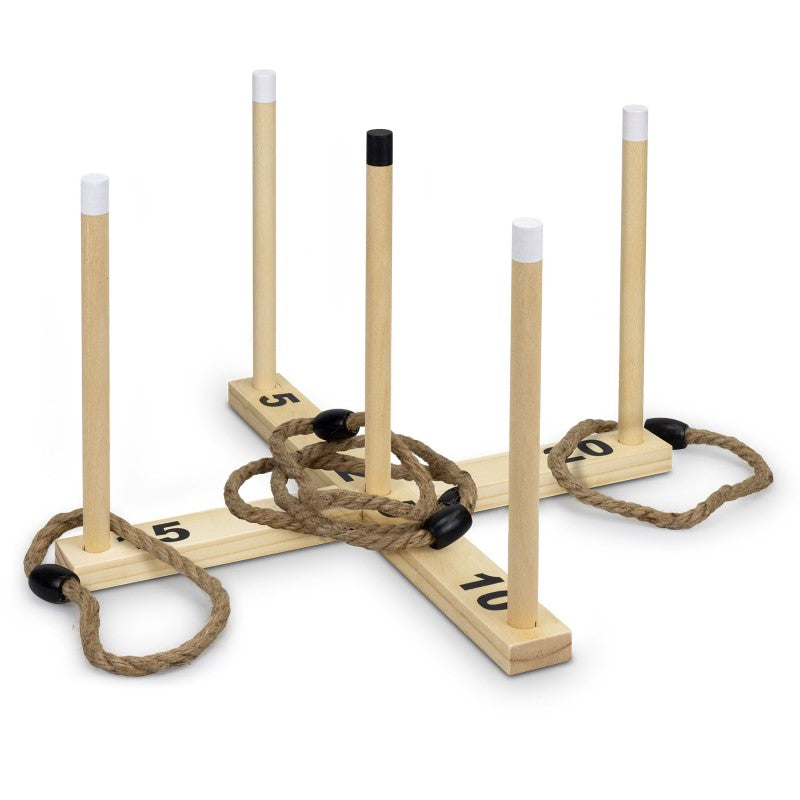 A wooden ring toss game set with 6 hemp rope rings and 5 pegs, perfect for family fun and outdoor gatherings.