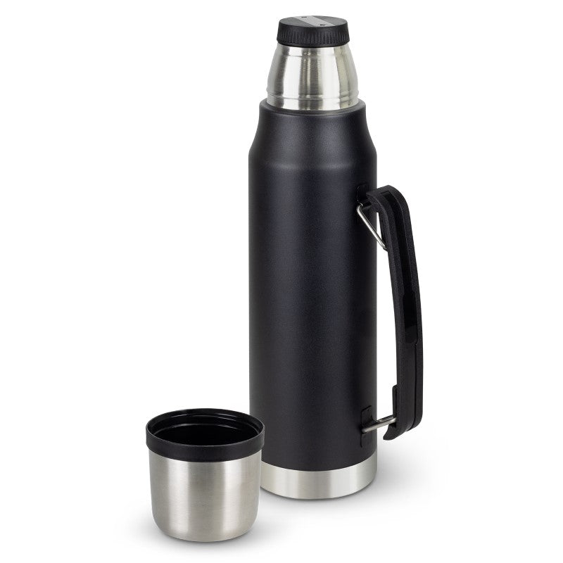 Stainless steel thermal flask with screw-on cup, double-wall insulation, BPA-free, with carrying handle, ideal for outdoor adventures.