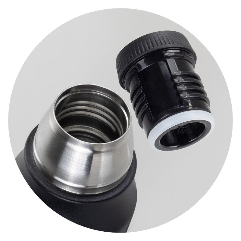 Stainless steel thermal flask with cup, double-wall insulation, 1-litre capacity, portable with black handle, gift box included.