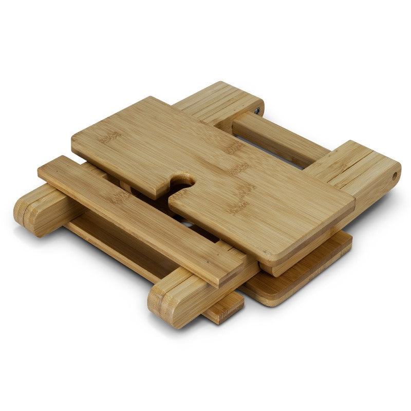 Folding bamboo wine table with collapsible legs, designed for outdoor wine tastings and picnics, holds two glasses.