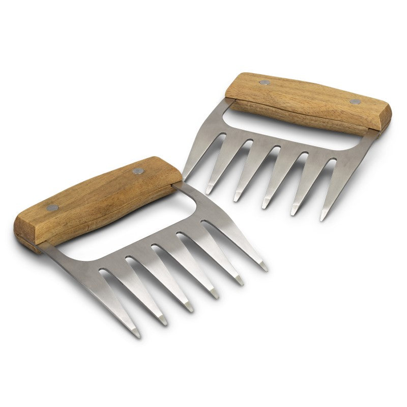 Robust meat shredding claws with Acacia wooden handles and stainless steel claws, perfect for effortless meat prep.