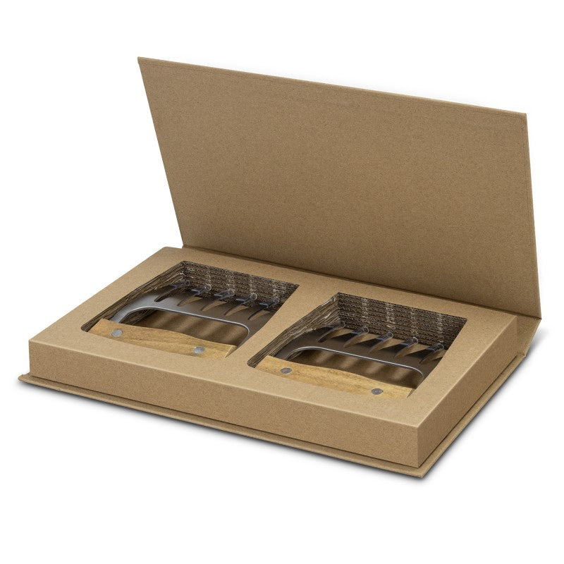 Robust meat shredding claws with Acacia handles and stainless steel claws, presented in a natural gift box.