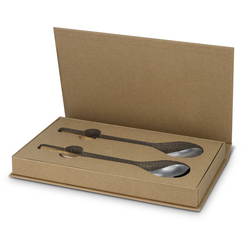 Chic Salad Server Set with Acacia handles and stainless steel tools, perfect for elegant dining and gift presentations.