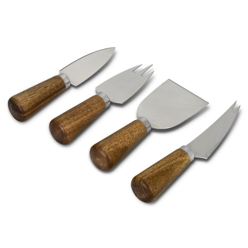 4-Piece Cheese Knife Set with Acacia wood handles and stainless steel blades for slicing, crumbling, and spreading all cheese types.