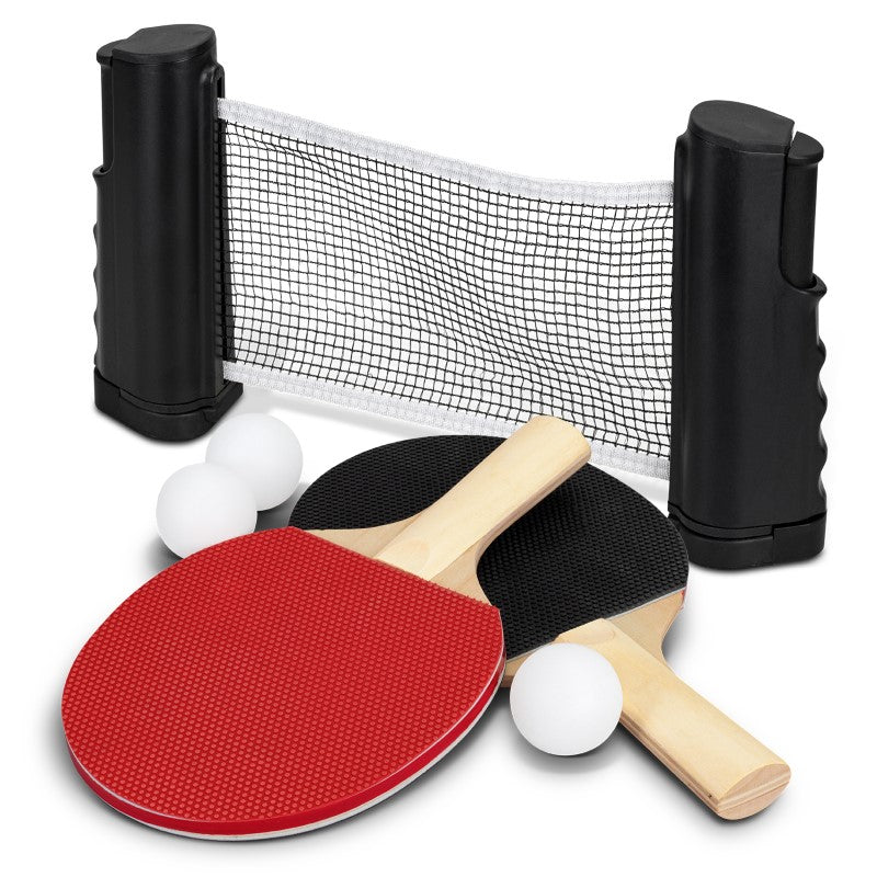 Portable table tennis set with retractable net, two paddles, and three balls in a stylish, compact drawstring bag.