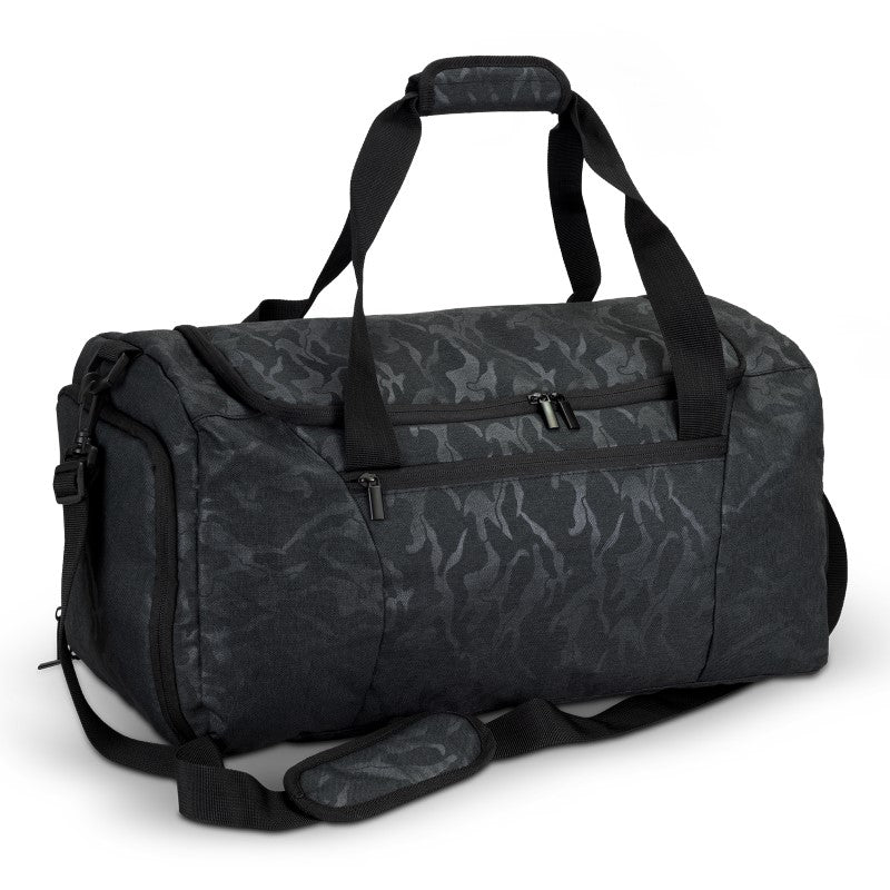 Camouflage duffle bag with shoe compartment, spacious main pocket, adjustable straps, ideal for travel and gym use.